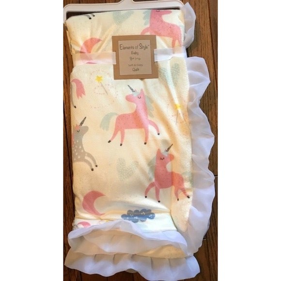 ELEMENTS OF STYLE RUFFLED UNICORN PRINT REVERSIBLE BABY QUILT 40" X 30" NWT - Picture 1 of 6